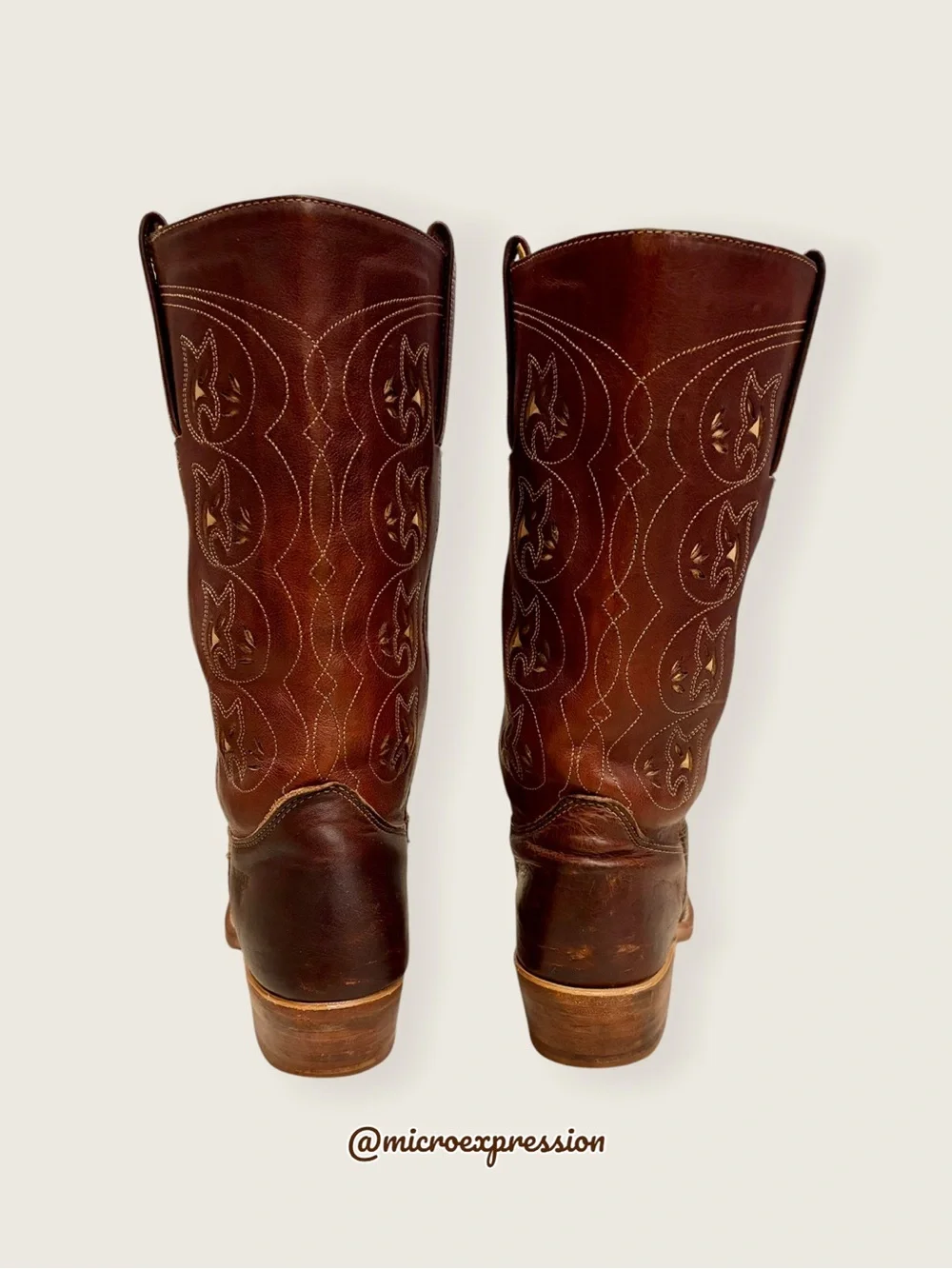 VINTAGE 1980s Frye Austin Brown Leather Floral Embroidered Southern Cowboy Boot